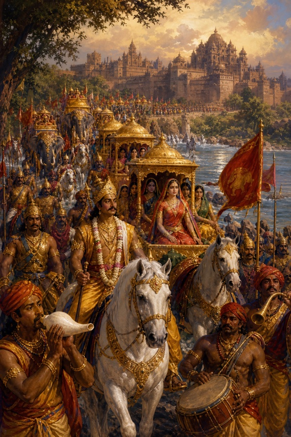 पांडव द्रौपदी और परिजनों सहित पालकियों, हाथियों और घोड़ों के लंबे काफिले में हस्तिनापुर की ओर चलते हैं।