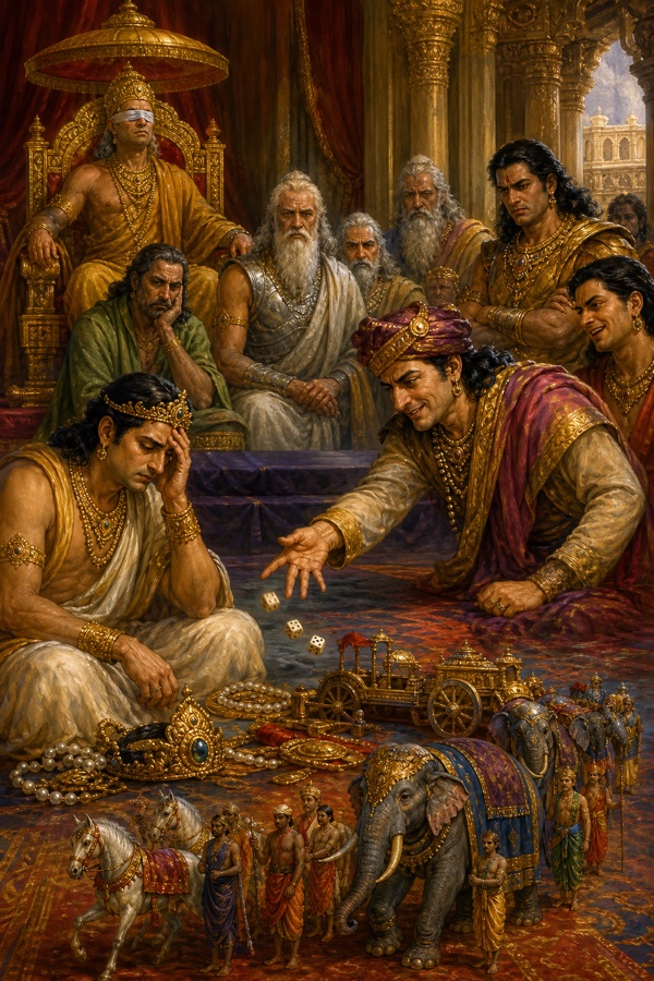 शकुनि पासे फेंकता है, सिर थामे युधिष्ठिर हारते जाते हैं और दांव के हाथी, घोड़े, रथ सामने दिखते हैं।
