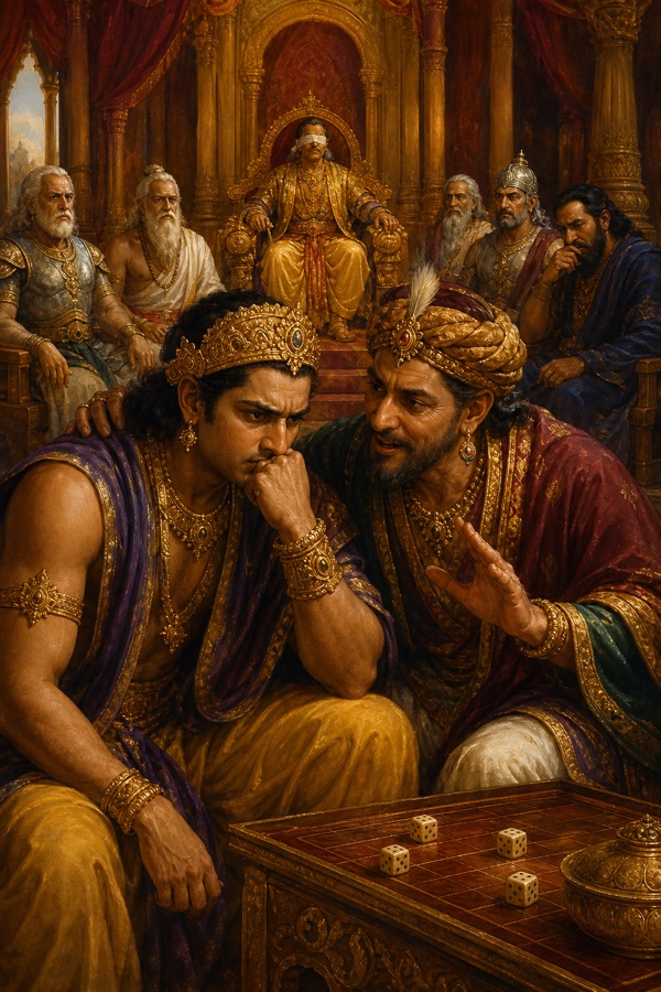 शकुनि पासों की चौकी के पास बैठे उदास दुर्योधन के कान में मंत्रणा करता है, पीछे धृतराष्ट्र सिंहासन पर हैं।