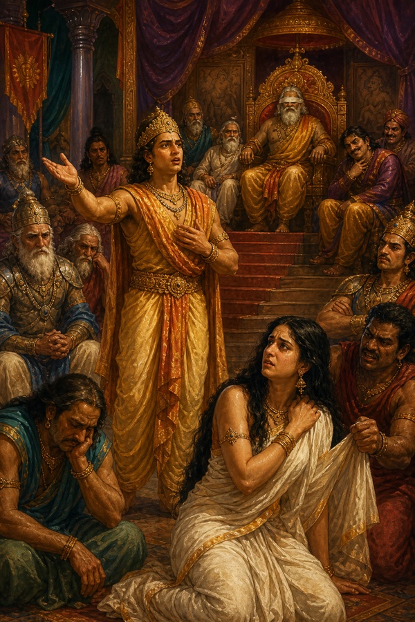 स्वर्ण कवच पहने योद्धा उंगली से आदेश देता है और दुःशासन सहमी द्रौपदी की ओर बढ़ता है।
