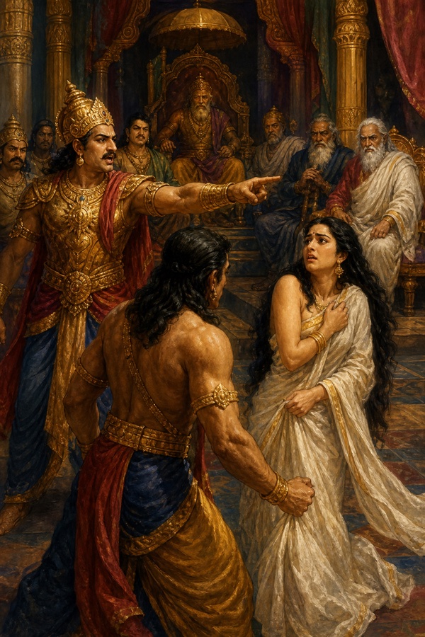 भीम हाथ उठाकर भीषण प्रतिज्ञा करते हैं, सामने दुर्योधन आसन पर पसरा हंसता है और द्रौपदी नीचे बैठी हैं।