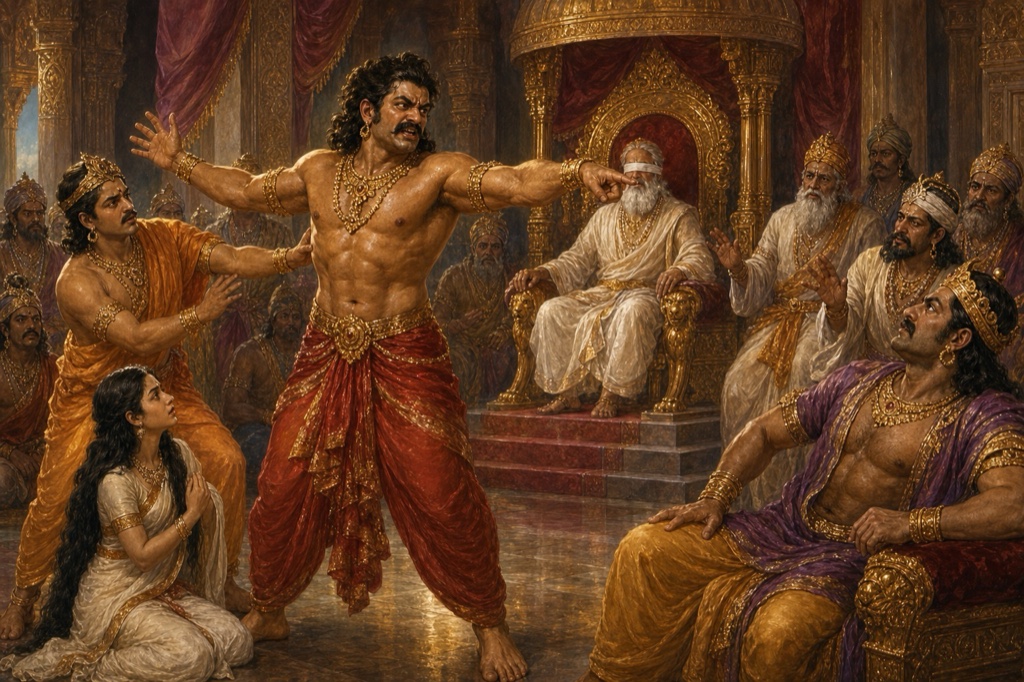 ऊपर पांडव द्रौपदी सहित रथ पर प्रस्थान करते हैं, नीचे शकुनि दुर्योधन के पास बैठा फिर पासे फेंकता है।