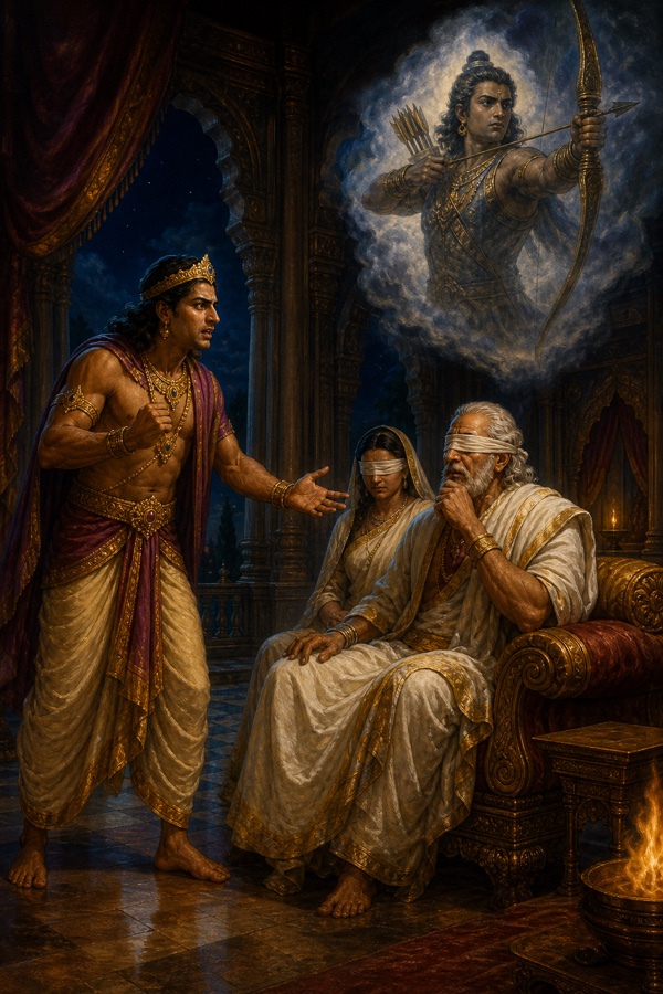 क्रुद्ध दुर्योधन रात में धृतराष्ट्र और गांधारी के सामने खड़ा; बादलों में धनुष ताने अर्जुन की भयावह छवि उभरती।