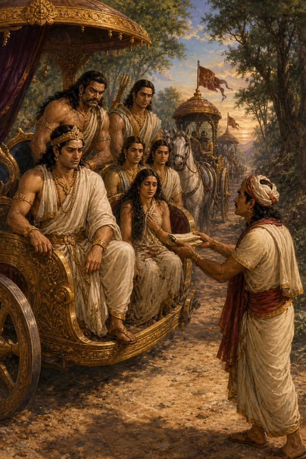 वन मार्ग पर रथों में जाते पांडवों और द्रौपदी को एक दूत झुककर संदेश सौंपता है।