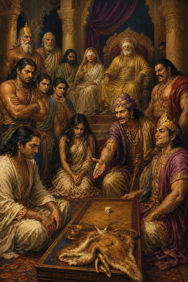 मृगचर्म बिछी चौसर पर शकुनि मुस्कुराकर हाथ बढ़ाता; सामने युधिष्ठिर गंभीर बैठे, पास द्रौपदी सिर झुकाए बैठी।