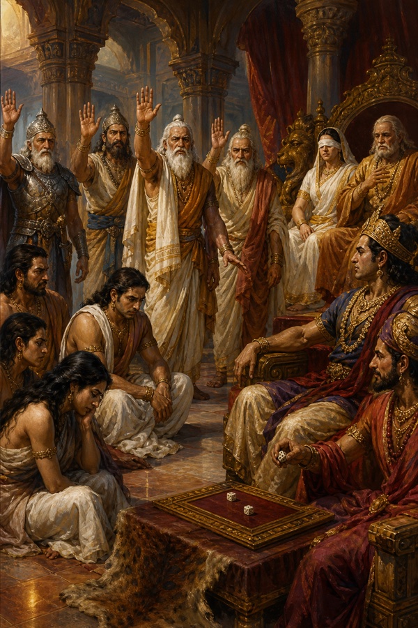 सभा के वृद्धजन हाथ उठाकर द्यूत का विरोध करते; दुर्योधन साथी सहित पासे थामे बैठा, पांडव उदास बैठे।