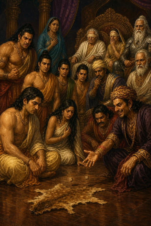 मृगचर्म पर पासे फेंकता शकुनि; झुके बैठे युधिष्ठिर, बिखरे बालों वाली द्रौपदी और परिजन शोक में देखते।