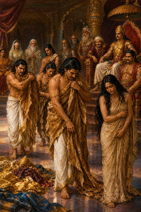 हारे पांडव सभा में राजवस्त्र उतारकर मृगचर्म ओढ़ते; पास द्रौपदी खड़ी, सिंहासन से दुर्योधन पक्ष देखता है।