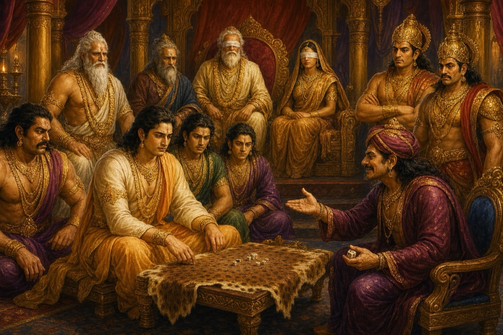 राजसभा में चौसर के सामने बैठे युधिष्ठिर पासों को निहारते; कुर्सी पर बैठा शकुनि हाथ फैलाकर ललकारता है।