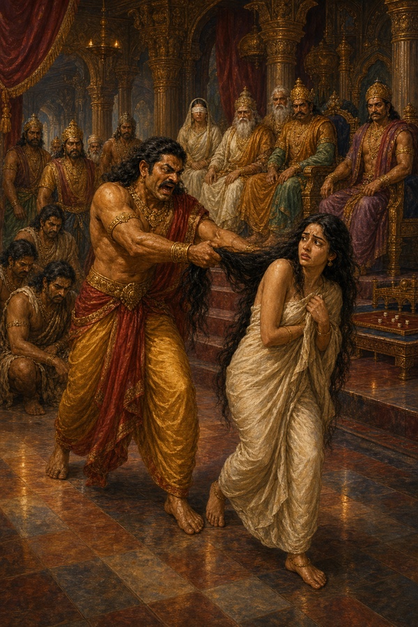 दुःशासन भरी सभा में द्रौपदी के खुले केश पकड़कर घसीटता है; सिंहासनों पर बैठे राजा मौन देखते रहते।