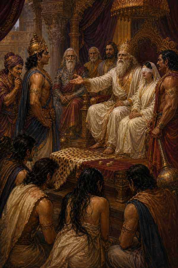 विदुर घुटनों बैठ सिंहासन पर बैठे धृतराष्ट्र को चेताते; ऊपर धुएँ में काल की काली छाया मँडराती है।