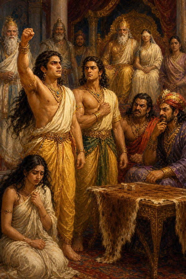 वनवास यात्रा में धौम्य ऋषि आगे चलते; पीछे अर्जुन मुट्ठी से रेत बिखेरते, पांडव और द्रौपदी शोकमग्न।