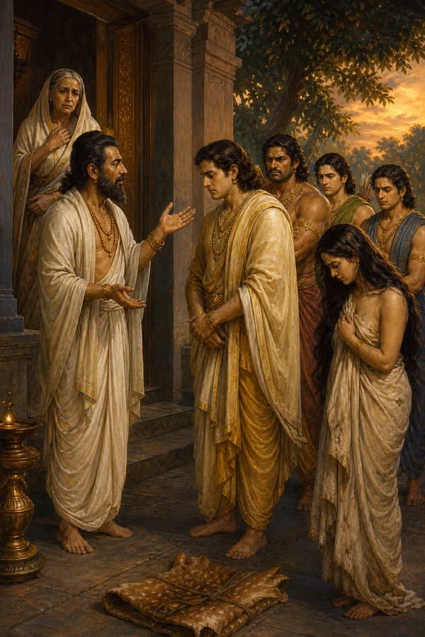 वीणा और कमंडलु लिए तेजोमय नारद आकाश में प्रकट होकर सभा को चेतावनी देते; दुर्योधन स्तब्ध ऊपर देखता।