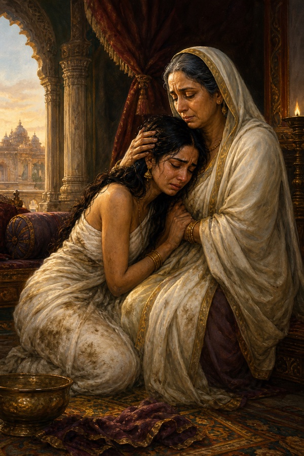 व्यथित धृतराष्ट्र माथा थामे सिंहासन पर बैठे; विदुर हाथ फैलाकर समझाते, धुएँ में काल की आकृति दिखती।