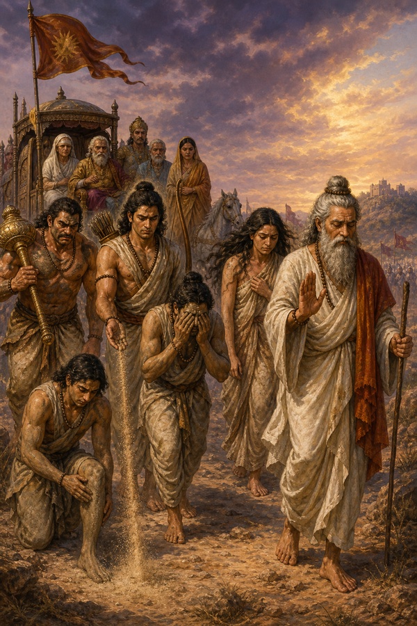 वनवास-पथ पर आगे चलते धौम्य, पीछे रेत बिखेरता अर्जुन, मुँह ढके भाई, गदाधारी भीम और रोती द्रौपदी।