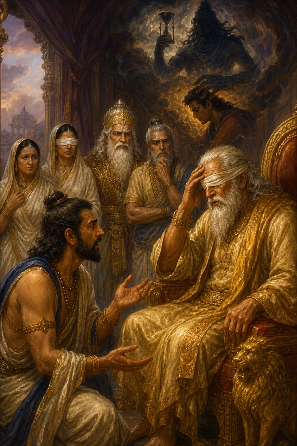 धृतराष्ट्र आँखों की पट्टी पर हाथ रखे शोक में डूबे, सामने बैठा सभासद समझाता, ऊपर काल की काली छाया।