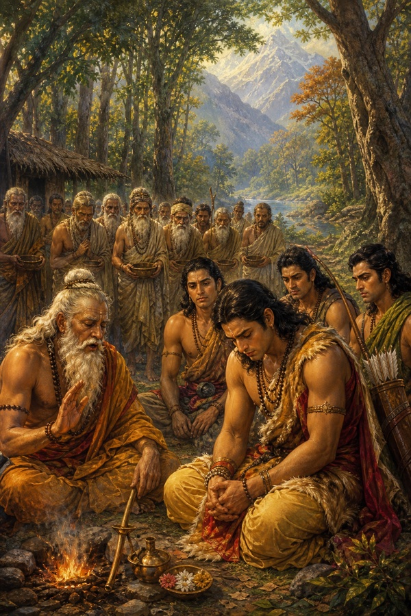 बर्फीले पर्वतों के नीचे वन में पांडव अग्नि के पास बैठे; वृद्ध ऋषि हवन कराते, ऋषिगण पात्र लिए खड़े।
