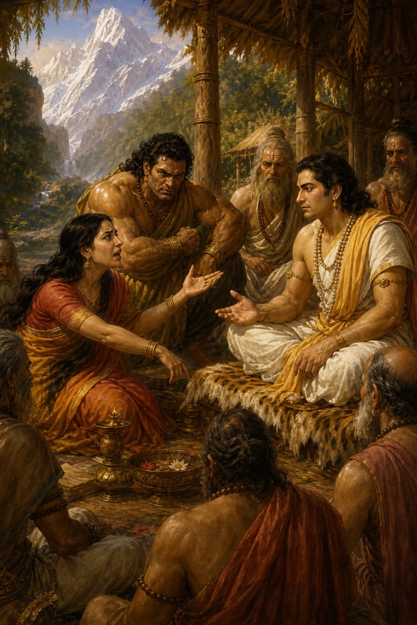 वन की पर्णकुटी में द्रौपदी रोष से युधिष्ठिर के आगे हाथ फैलाकर बोलती; पीछे क्रुद्ध भीम खड़ा।