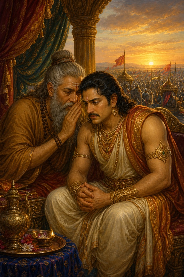व्यास झुककर युधिष्ठिर के कान में प्रतिस्मृति विद्या का गुप्त मंत्र कहते; पीछे संध्या में ध्वजाएँ झलकतीं।