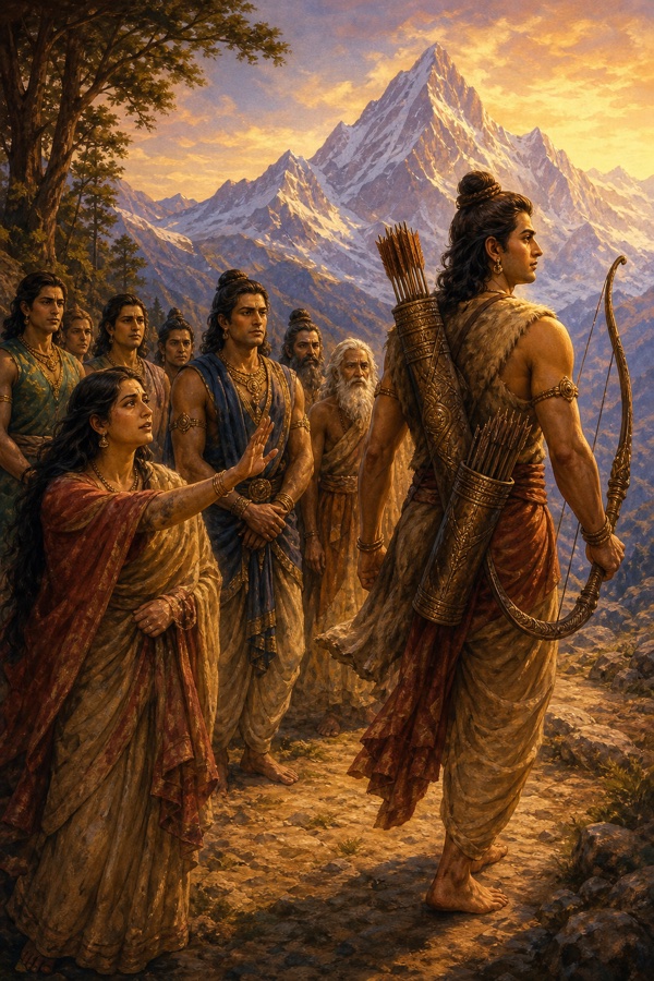 धनुष और भरे तरकश लिए अर्जुन हिमालय की ओर प्रस्थान करते; द्रौपदी हाथ उठाकर विदा देती, भाई पीछे खड़े।