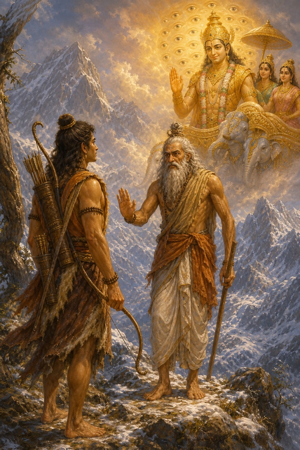 वृद्ध तपस्वी रूप में इंद्र पर्वत पर अर्जुन को रोकते; आकाश में ऐरावत और उनका सहस्राक्ष दिव्य रूप झलकता।