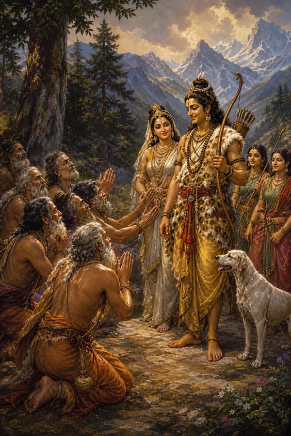 किरात वेशधारी शिव और शिकारिन रूप में पार्वती के सामने वनवासी ऋषि हाथ जोड़े विनती करते; पास श्वेत श्वान।