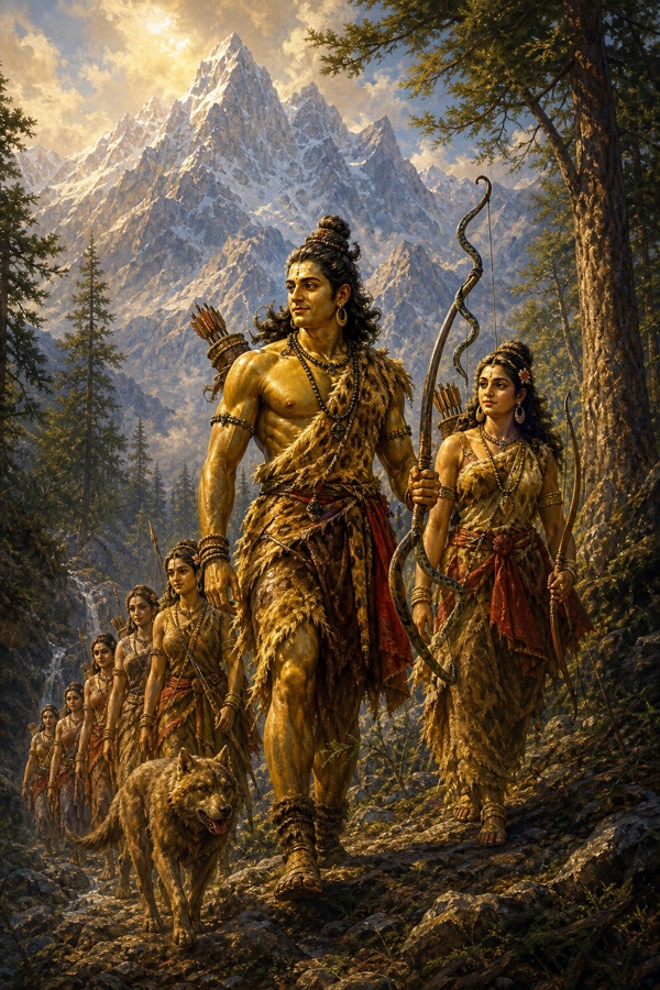 किरात रूपधारी शिव धनुष लिए पर्वत की ढलान पर उतरते; पार्वती और शिकारिन गणों का दल साथ चलता।