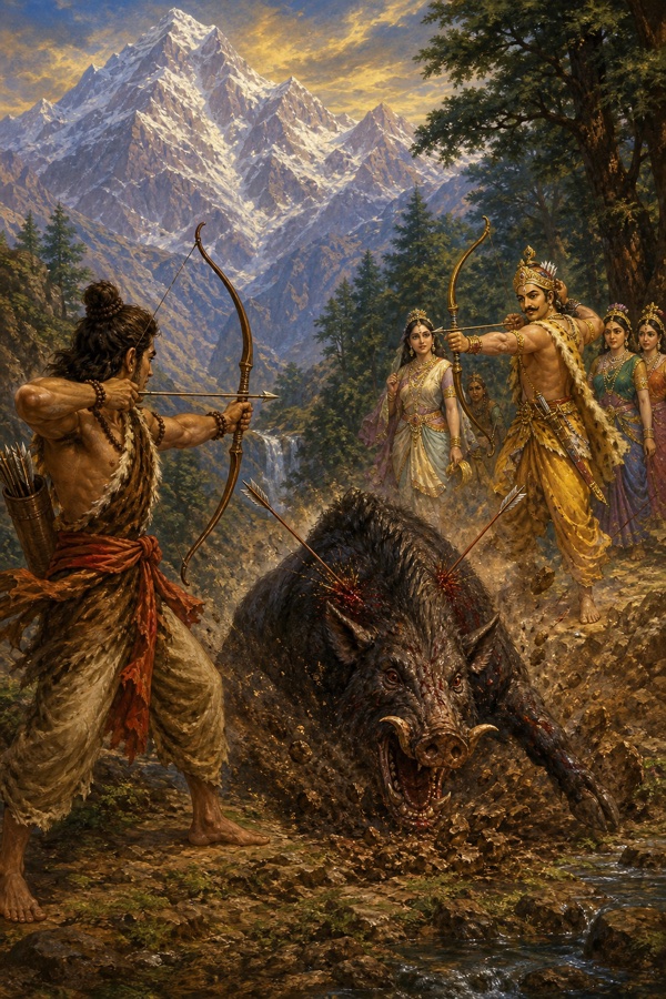झपटते विशाल वराह पर अर्जुन और किरात शिव दोनों एक साथ बाण छोड़ते; दोनों तीर सूअर को बींधते।
