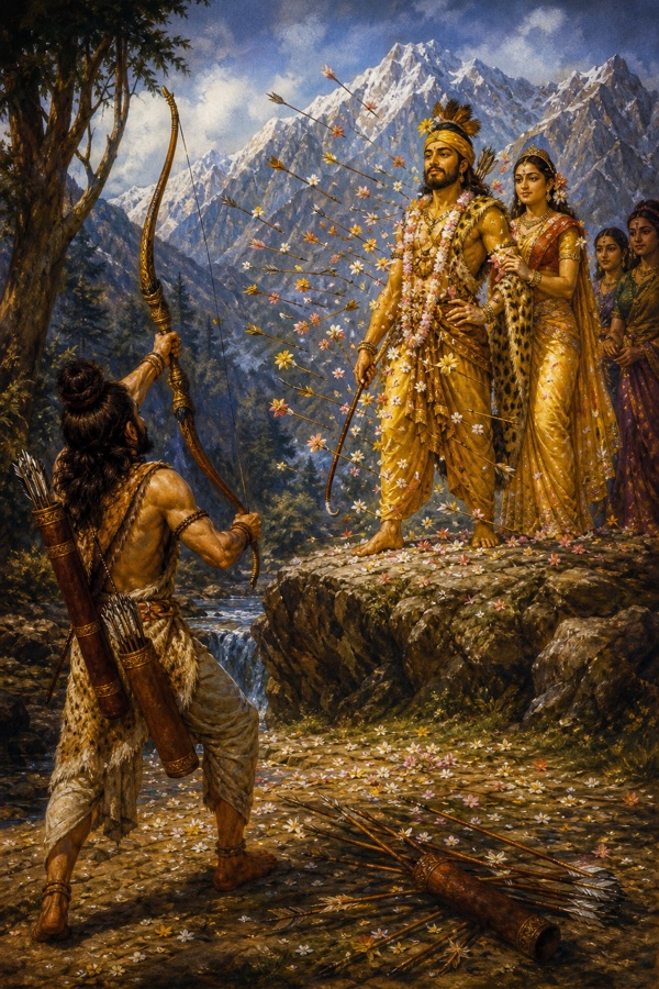 अर्जुन के छोड़े सारे बाण किरात शिव तक पहुँचकर फूल बन जाते; नीचे खाली तरकश और बिखरे तीर पड़े।