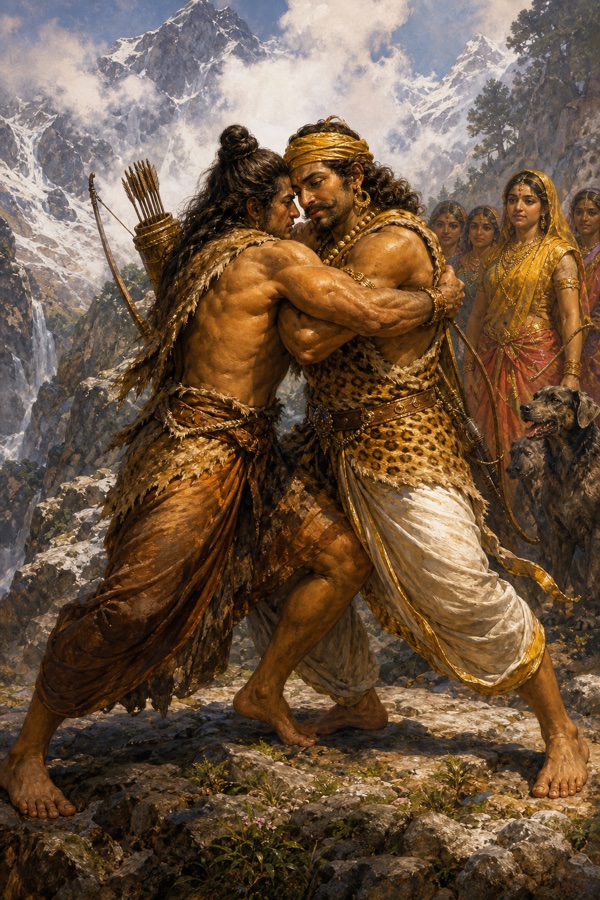बाण चुक जाने पर अर्जुन किरात शिव से मल्लयुद्ध करते; दोनों की भुजाएँ एक दूसरे से कसकर गुँथीं।
