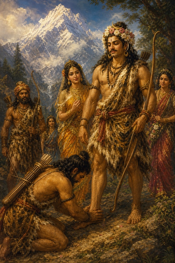 शिवलिंग पर चढ़ाई माला किरात के मस्तक पर सजी देख अर्जुन उनके चरण पकड़कर प्रणाम करते हैं।
