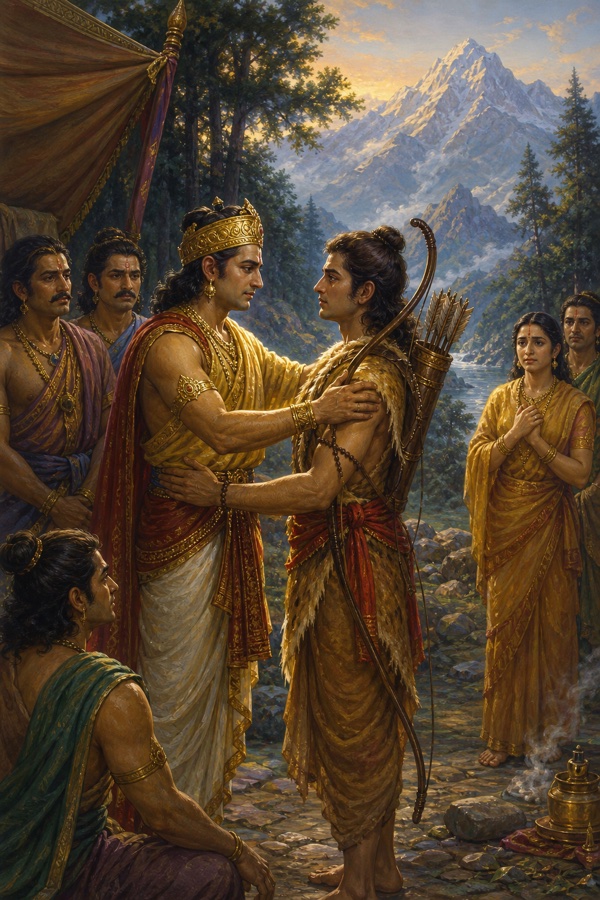 मुकुट पहने एक राजपुरुष मृगचर्मधारी अर्जुन के कंधे थामे स्नेह से निहारते; पास स्त्रियाँ हाथ जोड़े खड़ी हैं।