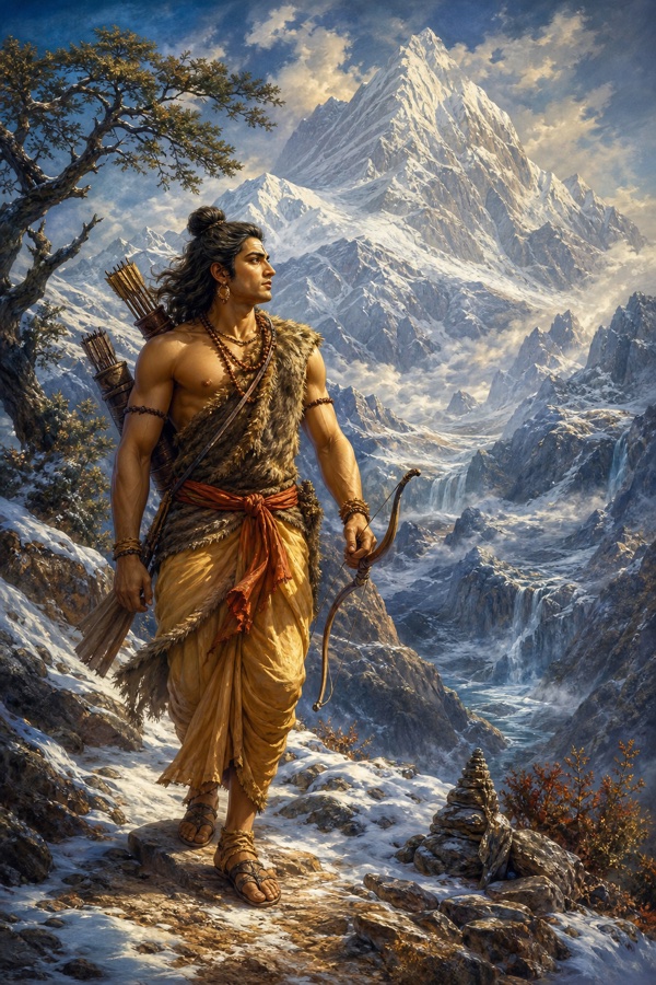 धनुष और दो तरकश बाँधे अर्जुन हिमाच्छादित शिखरों के बीच अकेले ऊँचे पथरीले मार्ग पर बढ़ते जाते।