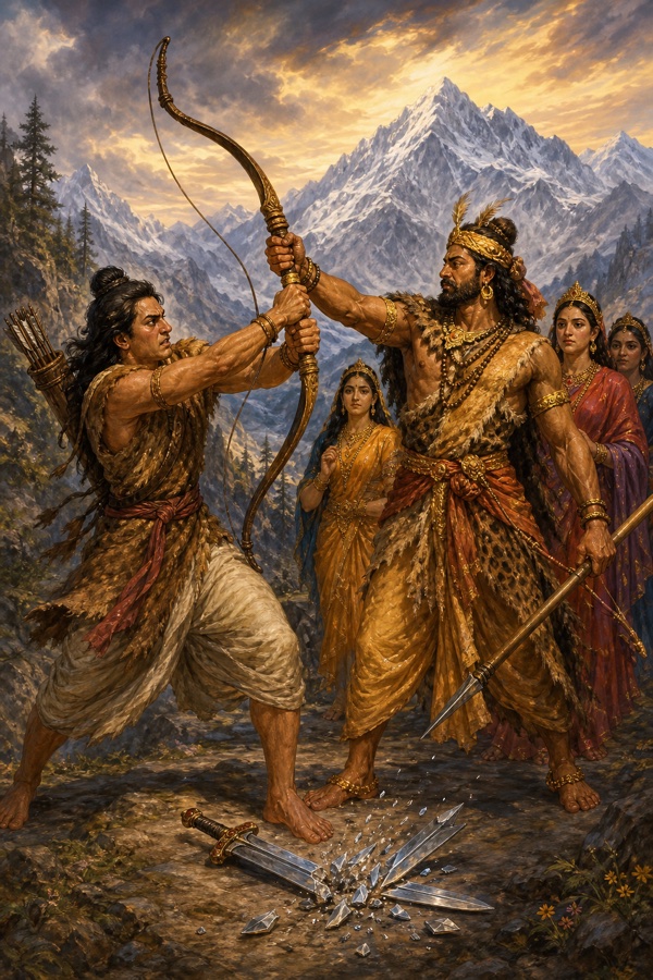 अर्जुन और किरात शिव एक ही धनुष को छीनने में गुँथे; नीचे टूटी तलवार के टुकड़े बिखरे पड़े।
