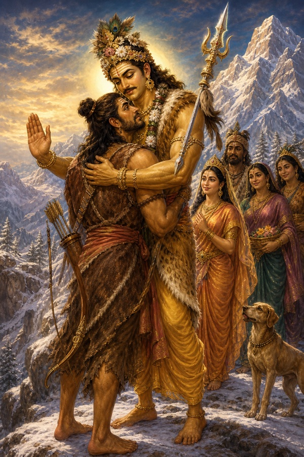 प्रसन्न किरात रूपधारी शिव त्रिशूल थामे अर्जुन को हृदय से लगाते; पीछे पार्वती और गण मुस्कुराते खड़े।