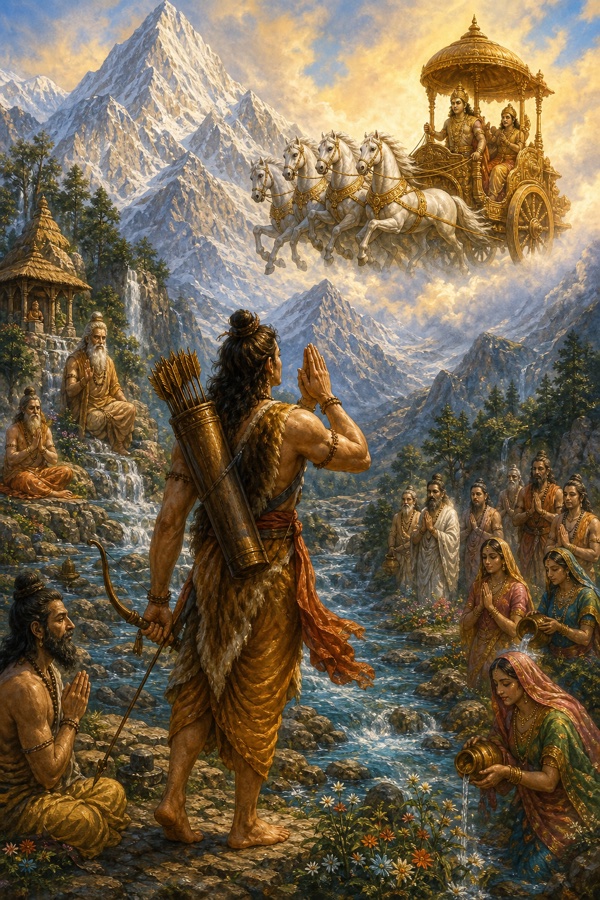 आश्रम के ऋषि और नारियाँ हाथ जोड़े देखते; आकाश से श्वेत अश्वों वाला दिव्य रथ अर्जुन के लिए उतरता।