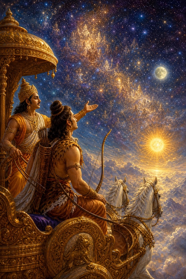 मातलि के हाँके रथ में बैठे अर्जुन तारों भरे आकाश में तेजस्वी सिद्धों के लोक विस्मय से निहारते।