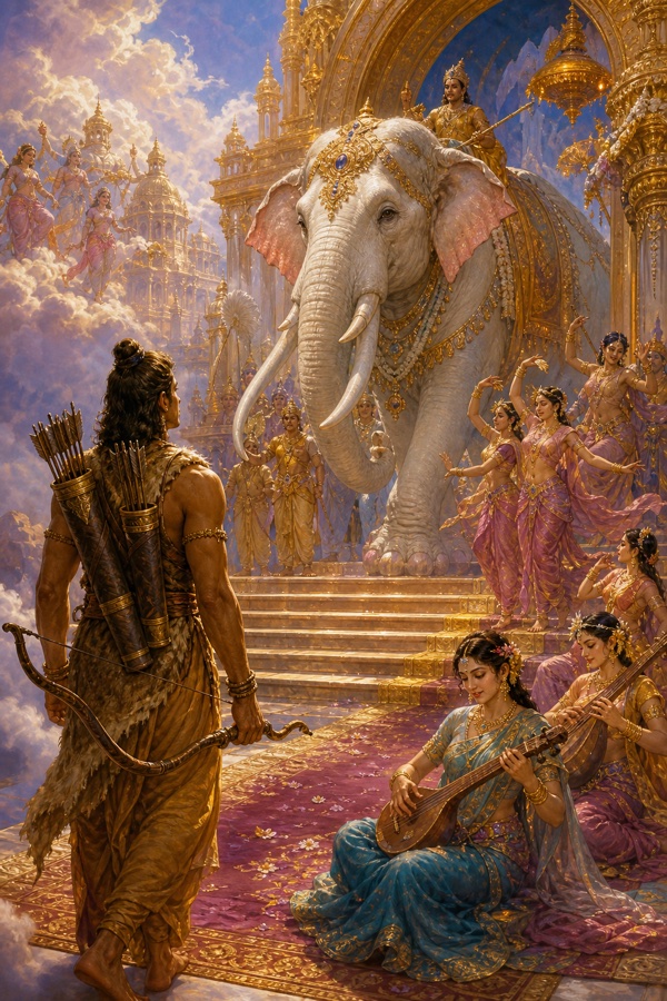अमरावती की सीढ़ियों पर अर्जुन का स्वागत; सामने श्वेत ऐरावत, नाचती अप्सराएँ और वीणा बजाती देवांगनाएँ।