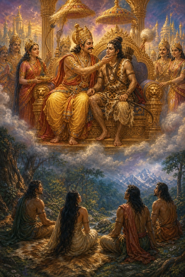 स्वर्ग में इंद्र अर्जुन को अपने सिंहासन पर बिठाकर ठोड़ी सहलाते; नीचे वन में चार पांडव और द्रौपदी उदास।