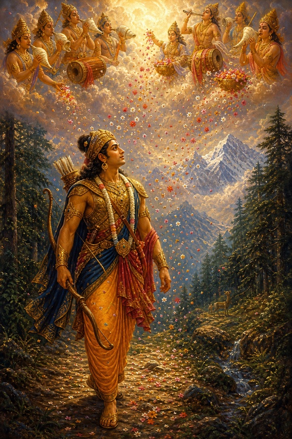 Arjuna enters the deserted Himalayan forest as conches and drums sound from the sky and a dense rain of flowers falls.