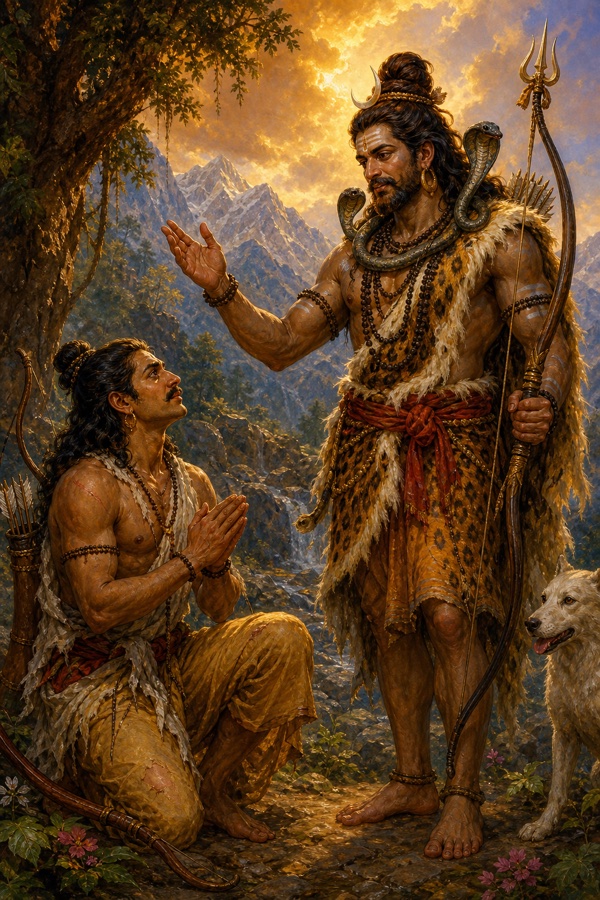 The Kirata-Shiva, cloud-deep voiced, praises the gaunt, tapas-worn Arjuna, declaring his valor nearly equal to his own.