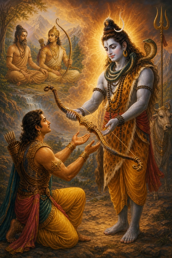 Shiva reveals Arjuna's past life as the rishi Nara and returns the great Gandiva bow into his hands.