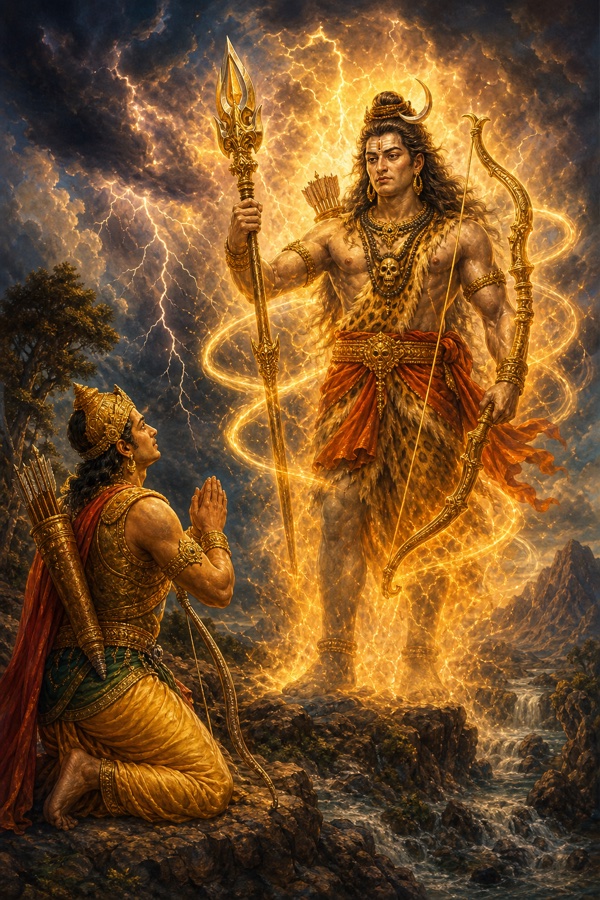 The Pashupata weapon manifests in embodied form beside Arjuna as the whole earth quakes and storms rise.