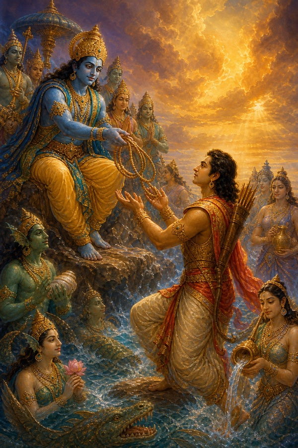 Blue Varuna on the western peak hands Arjuna his irresistible nooses amid attending water-beings and rivers.