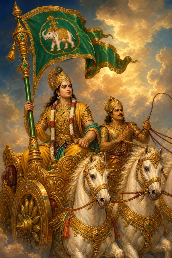 Close view of Indra's celestial chariot with its emerald-bright Vaijayanta banner-pole and gold-armored fittings.