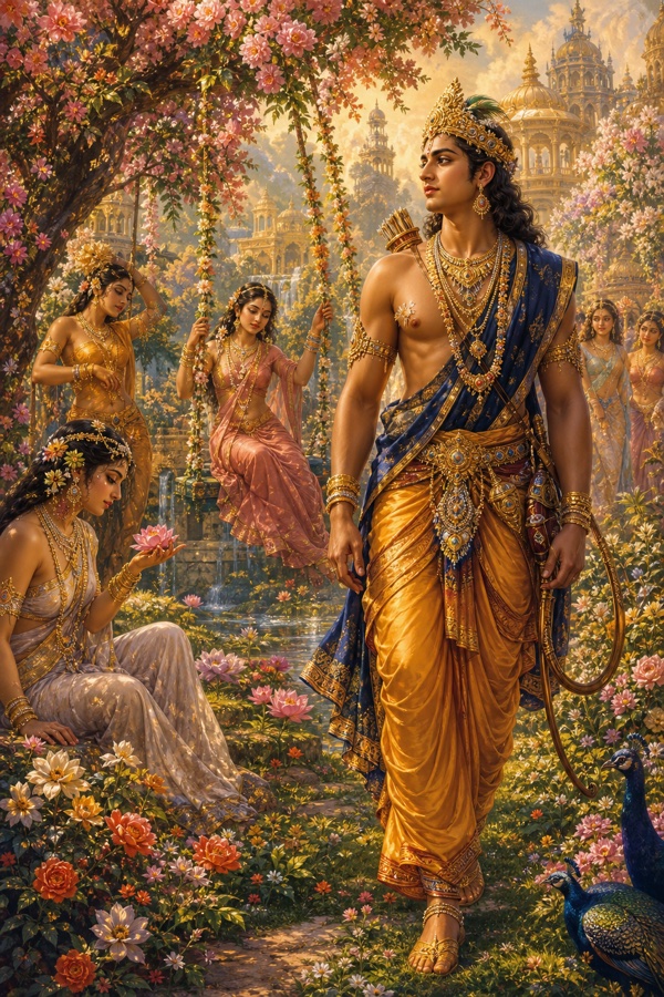 Arjuna wanders the blossom-laden Nandana gardens of Amaravati, beloved haunt of the apsaras.