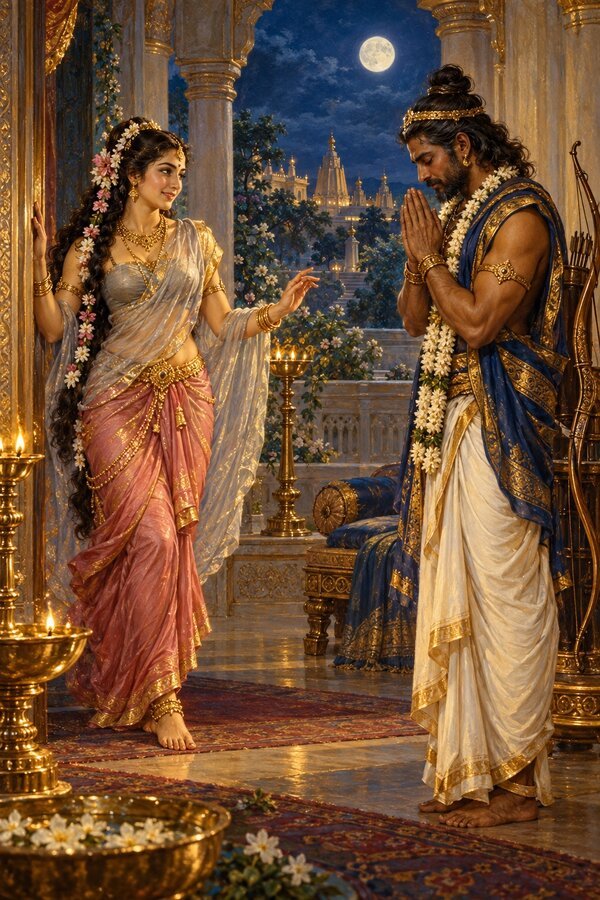 On a moonlit night Urvashi enters Arjuna’s mansion, and he rises to greet her as an elder, eyes closed and palms joined