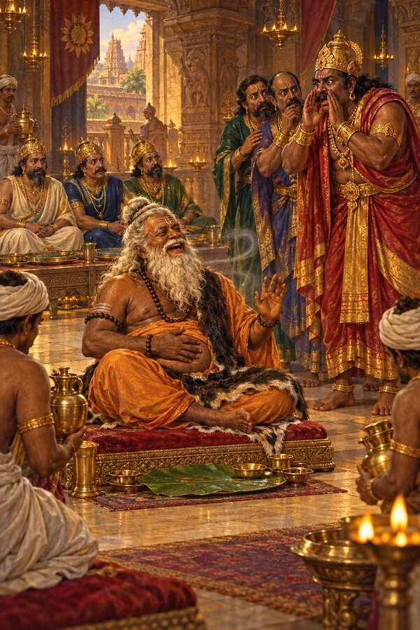 In Ilvala's feasting hall Agastya laughs with a hand on his belly before an empty plate as Ilvala calls in alarm for Vatapi.