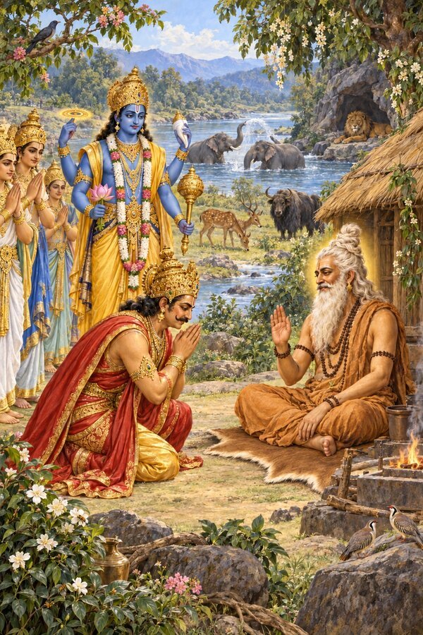 At his hermitage on the Sarasvati the radiant Dadhicha raises a hand as Indra bows to ask the boon, Narayana and the gods behind.