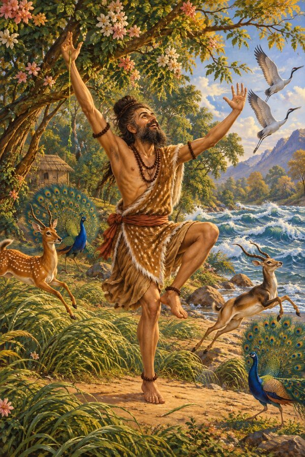 At Saptasarasvata the sage Mankanaka sees green sap flow from his cut hand and dances for joy, all creation dancing with him.